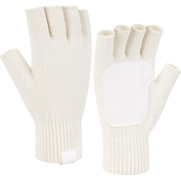Women's White Winter Chenille Warm Typing Working Texting Half Finger Gloves - Picture 1 of 6